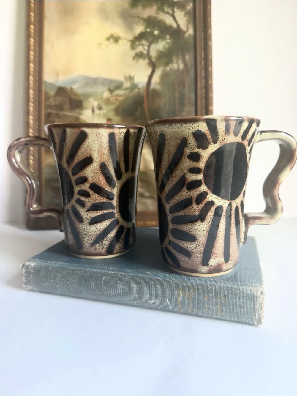 Handmade Ceramic Sunburst Mugs - Brown and Black (Set of 2)